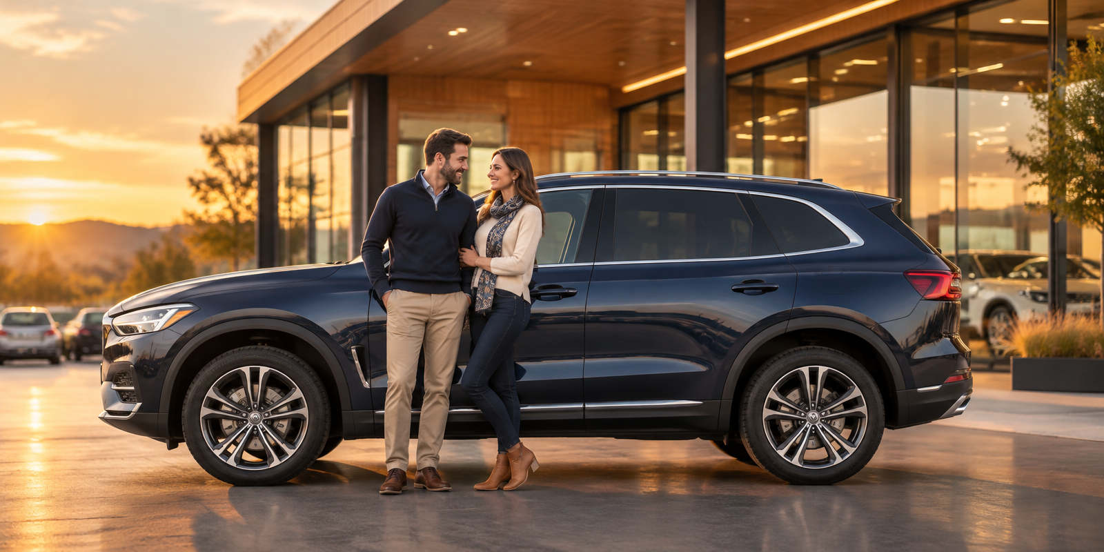 A happy couple with a new SUV outside a credit union branch